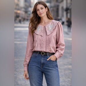 Vintage Pink Embroidered Blouse Oversized Collar Boho Cottagecore L [000376]